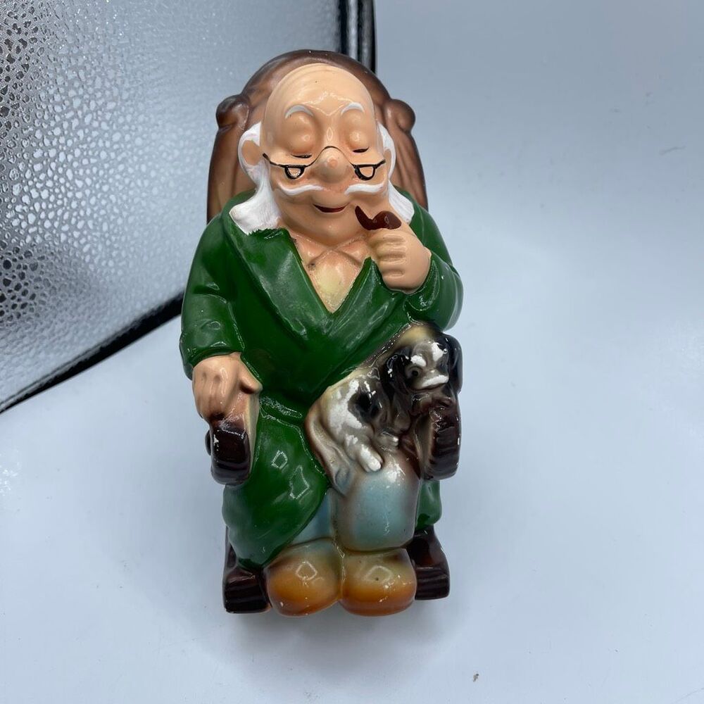 Vintage retirement fund bank grandpa in ticker with puppy.